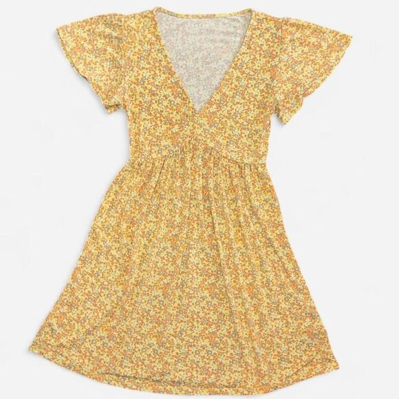Aeropostale Dresses & Skirts - Aeropostale Yellow Floral Mini Dress with V-Neck and Butterfly Sleeves, Size XS